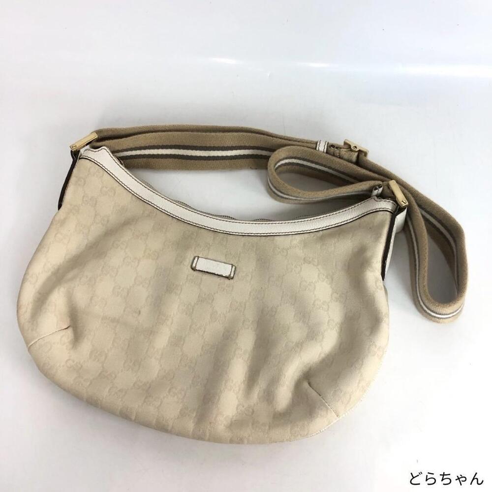 GUCCI GG Canvas Shoulder Bag Hobo Crescent Sherry Webbing Leather Ivory White